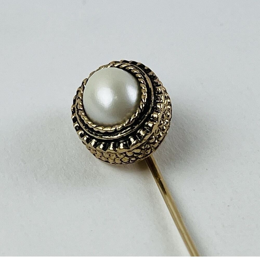 Vintage Sarah Coventry Stick Pin Faux Pearl Oval Goldtone 3" Hatpin Brooch Hat